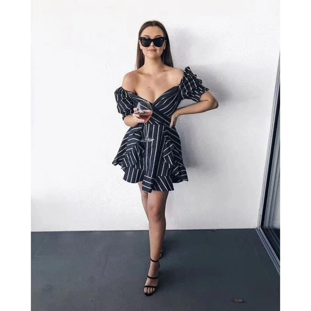 NWT C/MEO Collective Striped Puff Sleeve Mini Dress - Picture 2 of 9